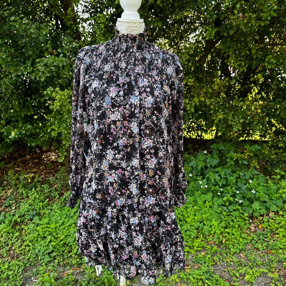 Cece Women's Long‎ Sleeve Mock Neck Floral-Print Smocked Dress Black Size M NWT